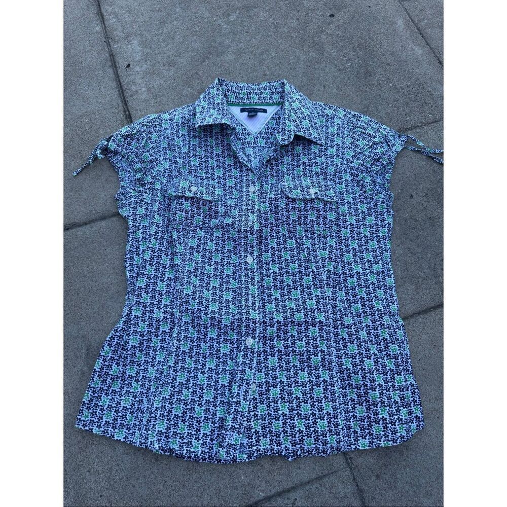Tommy Hilfiger Womens Medium Floral Button Up Shirt Tie Sleeve Short Sleeve Top
